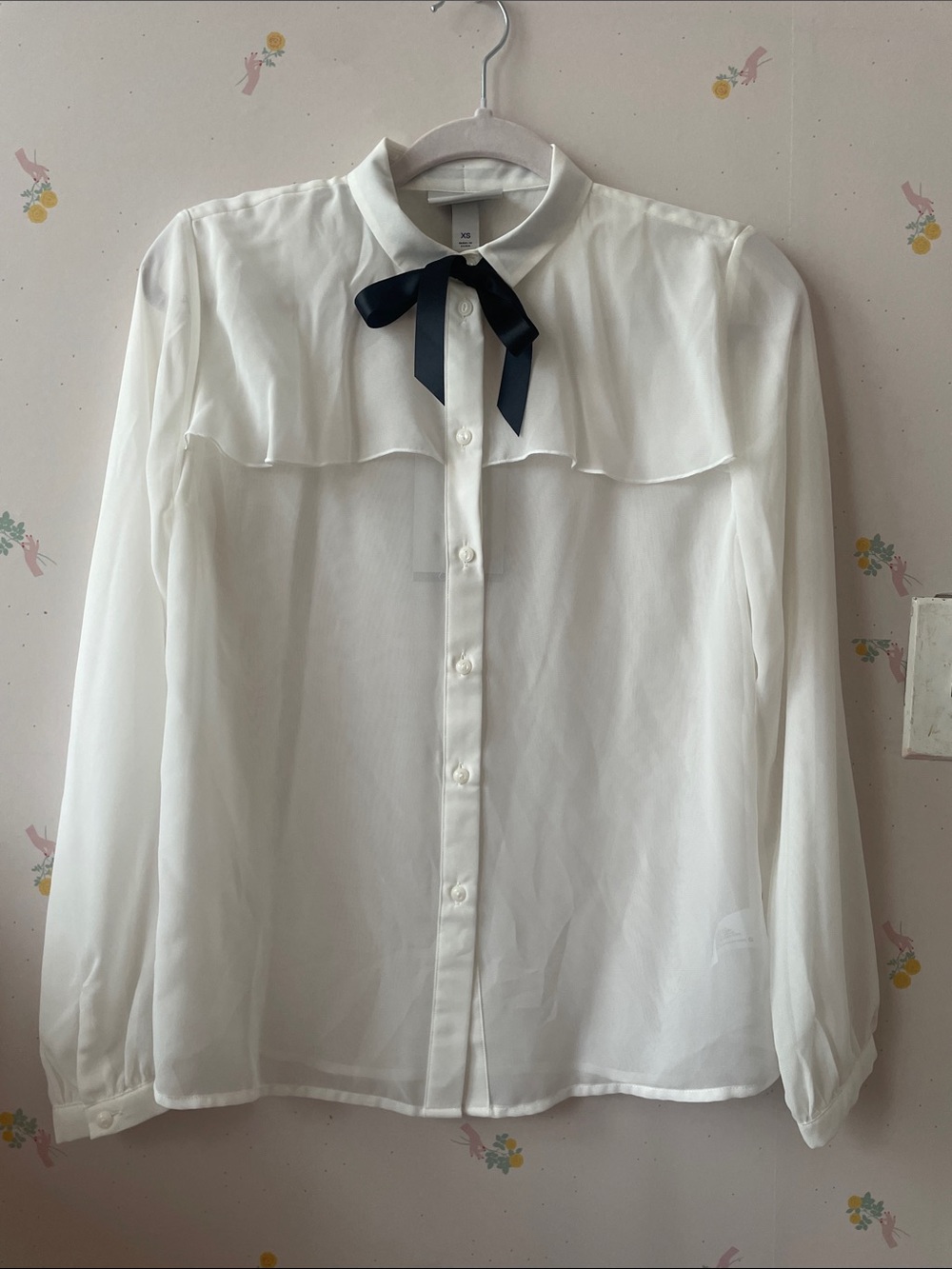 Jason Wu White Sheer Button-Down Blouse with Navy Bow